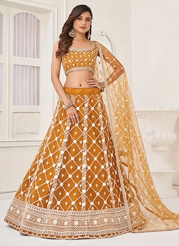 Yellow Embroidered, Sequins And Thread Work Net Lehenga Choli