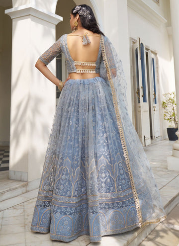 Net Thread and sequins Work Indian Wear Lehenga In Light Blue Grey