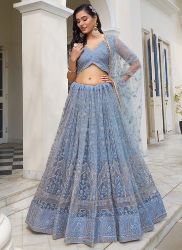 Net Thread and sequins Work Indian Wear Lehenga In Light Blue Grey