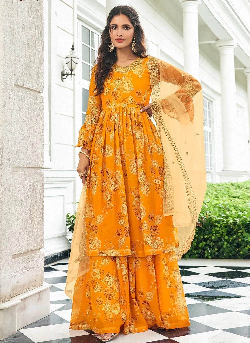 Faux Georgette Embroidered Salwar Suit In Mustard