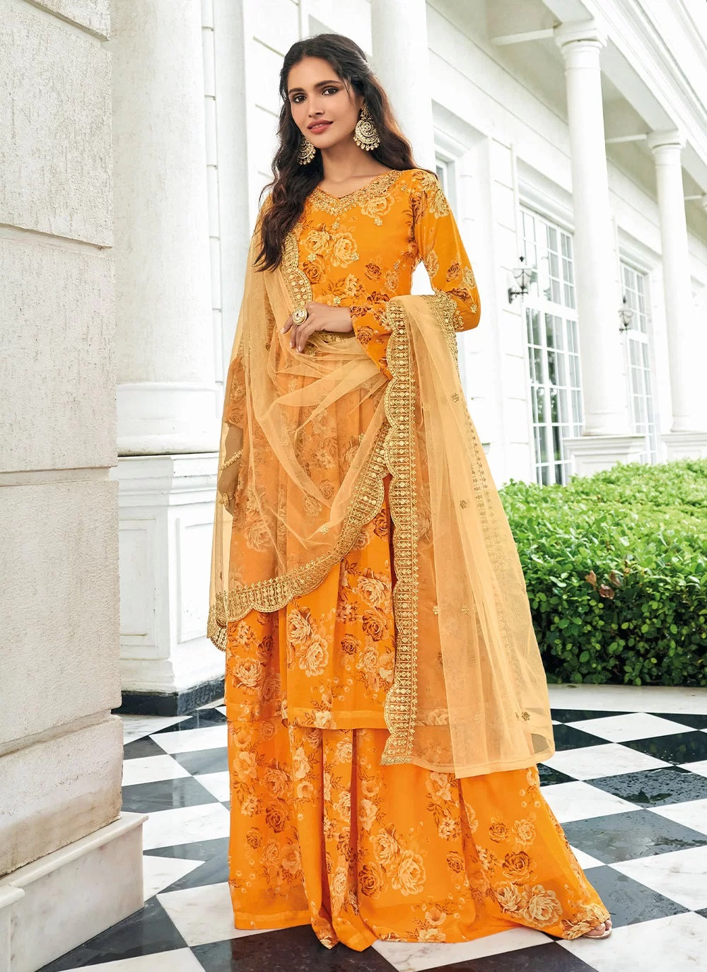 Faux Georgette Embroidered Salwar Suit In Mustard