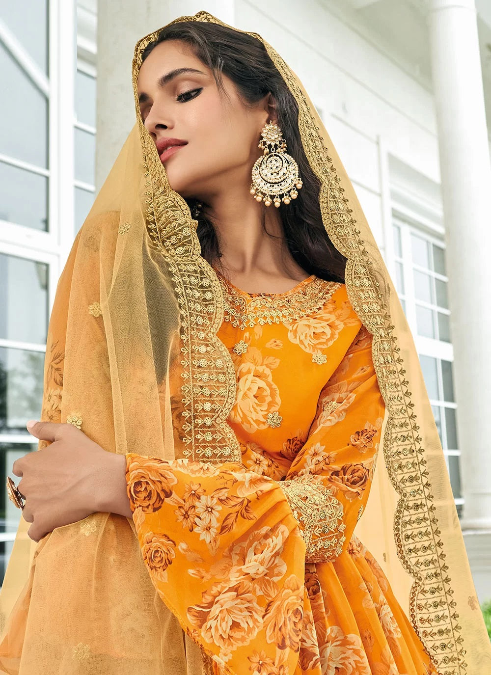 Faux Georgette Embroidered Salwar Suit In Mustard