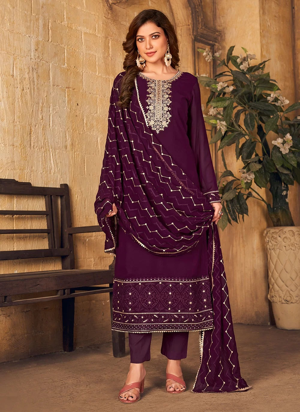 Faux Georgette Wine Straight Salwar Suit