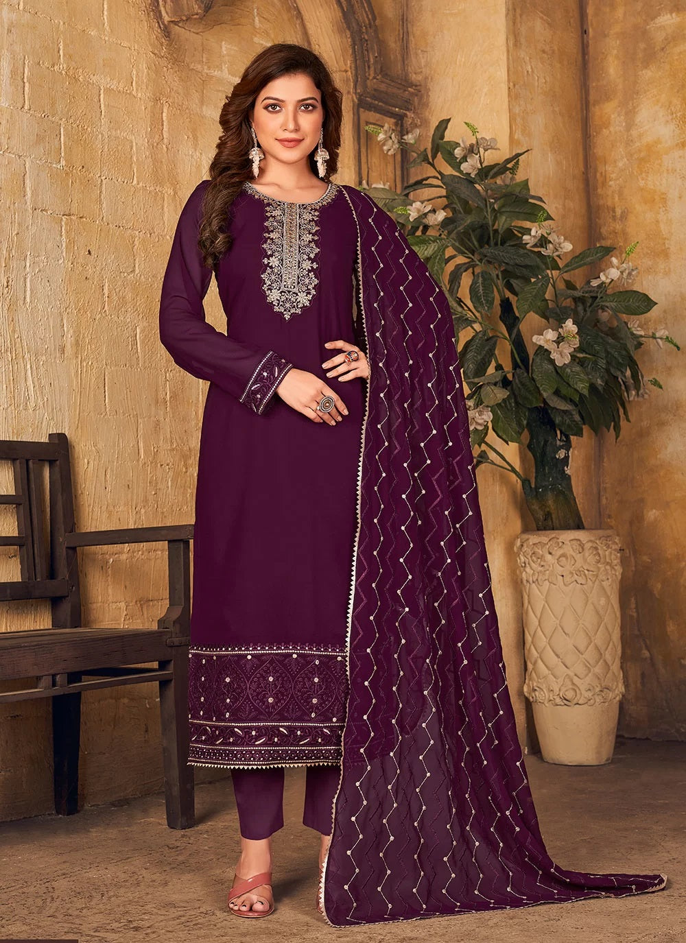 Faux Georgette Wine Straight Salwar Suit