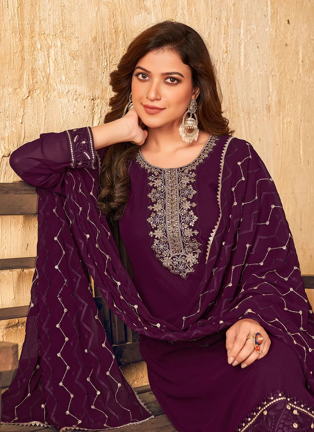 Faux Georgette Wine Straight Salwar Suit