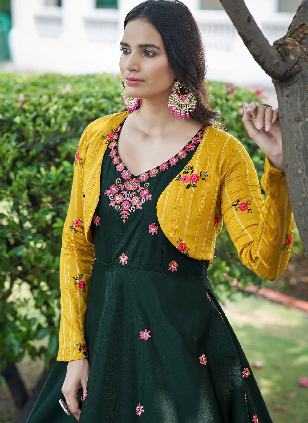 Festival Wear Embroidered Green Cotton Gown