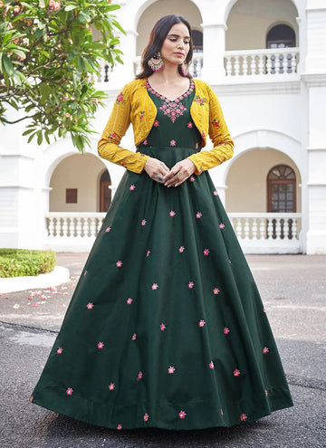 Festival Wear Embroidered Green Cotton Gown