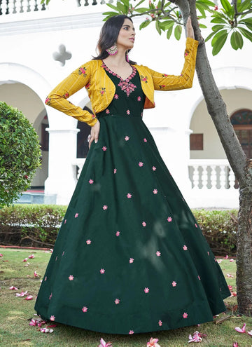 Festival Wear Embroidered Green Cotton Gown