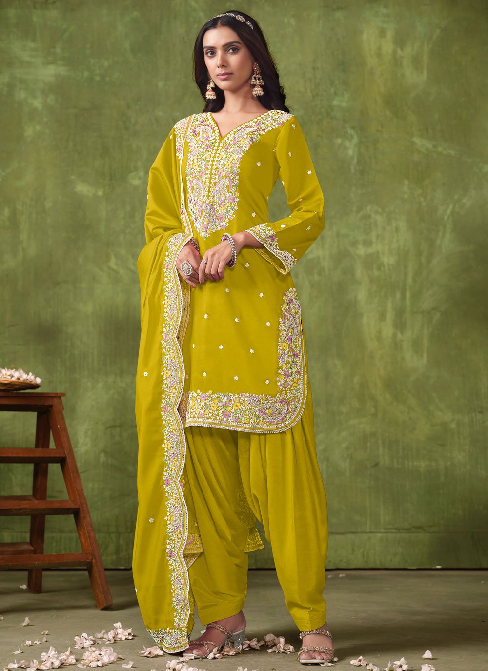 Green Chanderi Indian Patiyala Suit