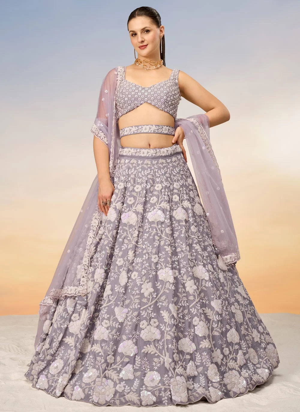 Mauve Poly Georgette Engagement Indian Lehenga with Net Dupatta