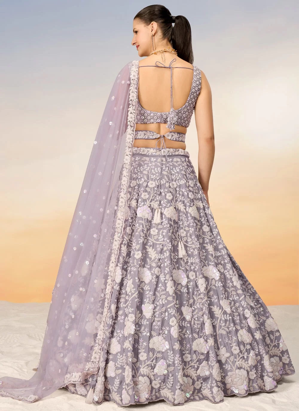 Mauve Poly Georgette Engagement Indian Lehenga with Net Dupatta