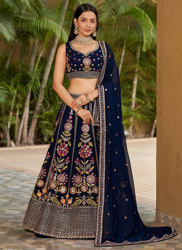 Georgette Sequins and Digital Printed Indian Lehenga In Blue