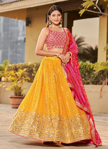 Georgette Sequins and Digital Printed Indian Lehenga In Yellow