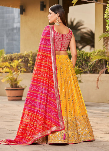 Georgette Sequins and Digital Printed Indian Lehenga In Yellow