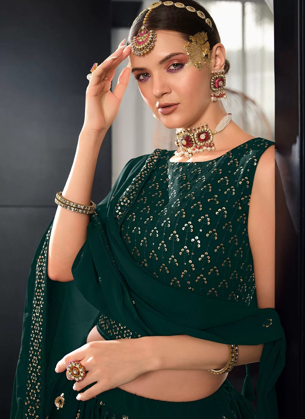 Green Bridal Embroidered Georgette Lehenga