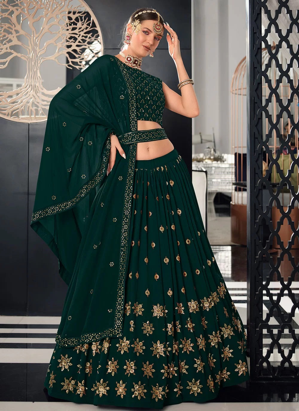 Green Bridal Embroidered Georgette Lehenga