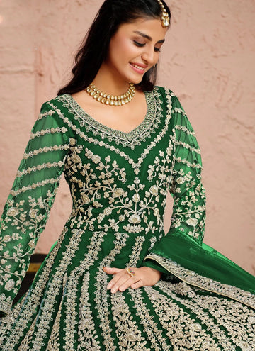 Green Color Net Embroidered Floor Length Suit