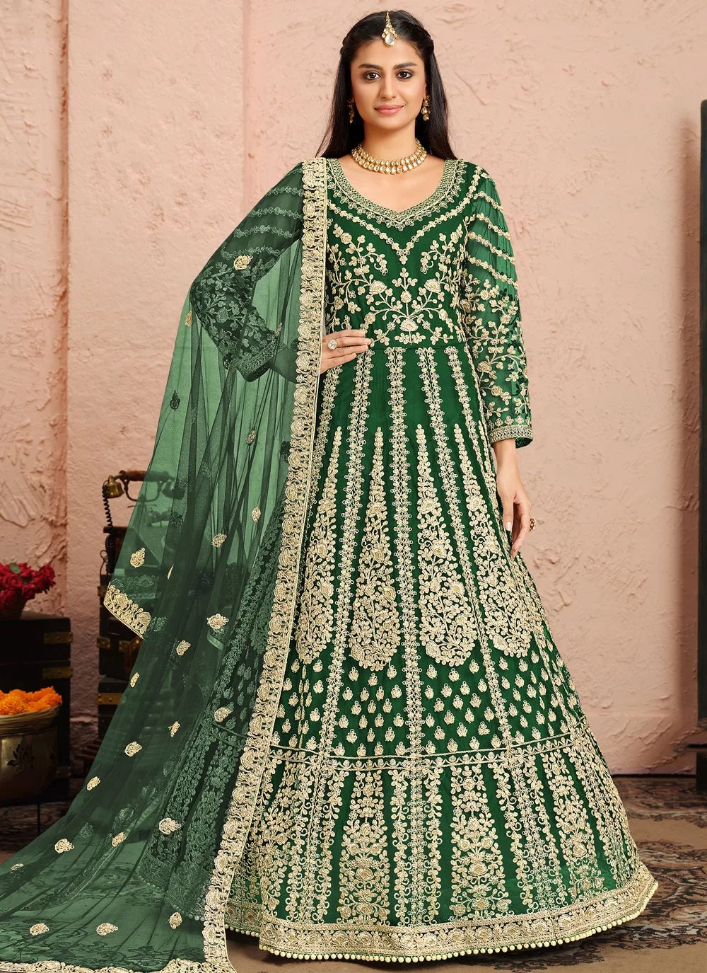 Green Color Net Embroidered Floor Length Suit