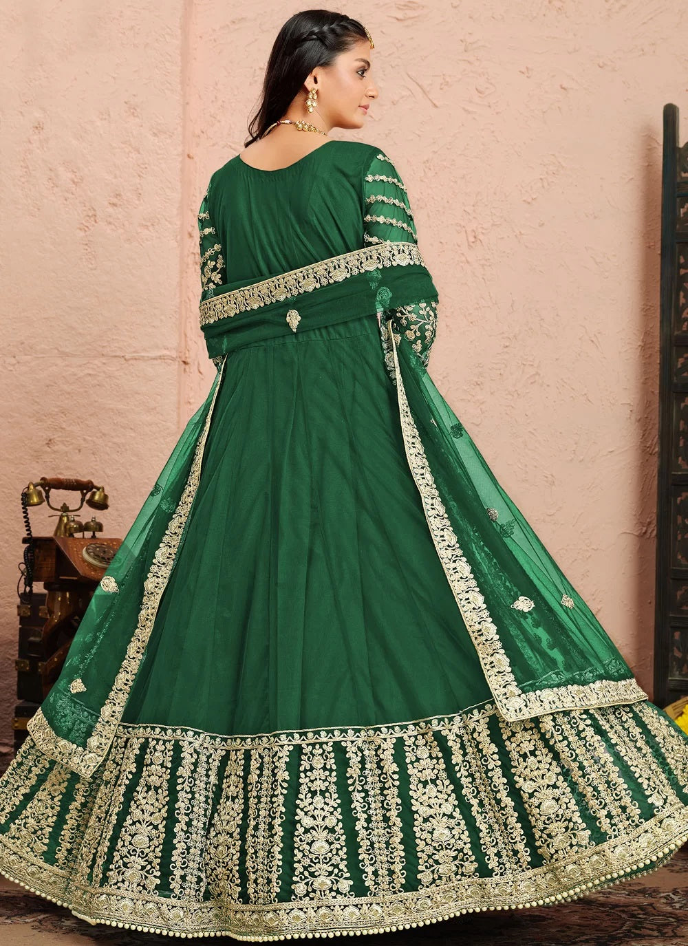 Green Color Net Embroidered Floor Length Suit