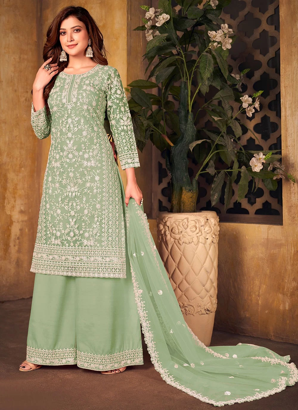 Green Cord Net Palazzo Designer Salwar Suit