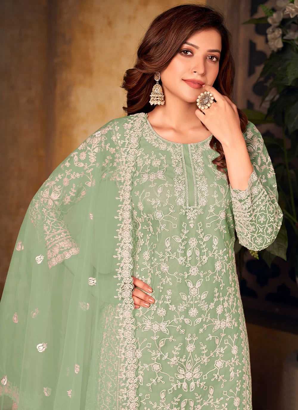 Green Cord Net Palazzo Designer Salwar Suit