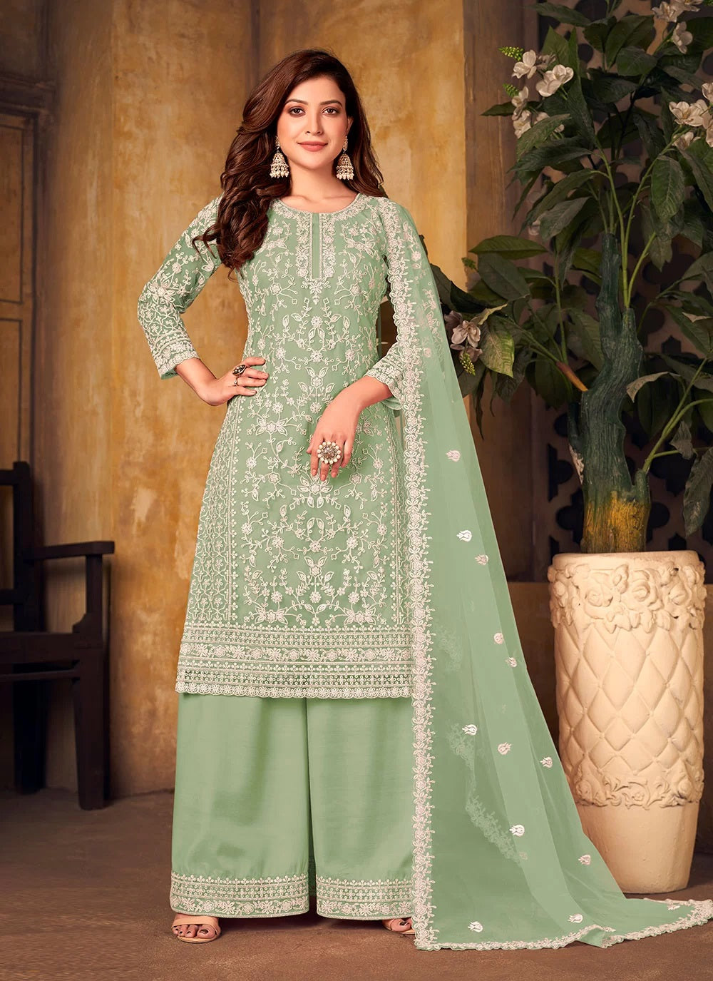 Green Cord Net Palazzo Designer Salwar Suit