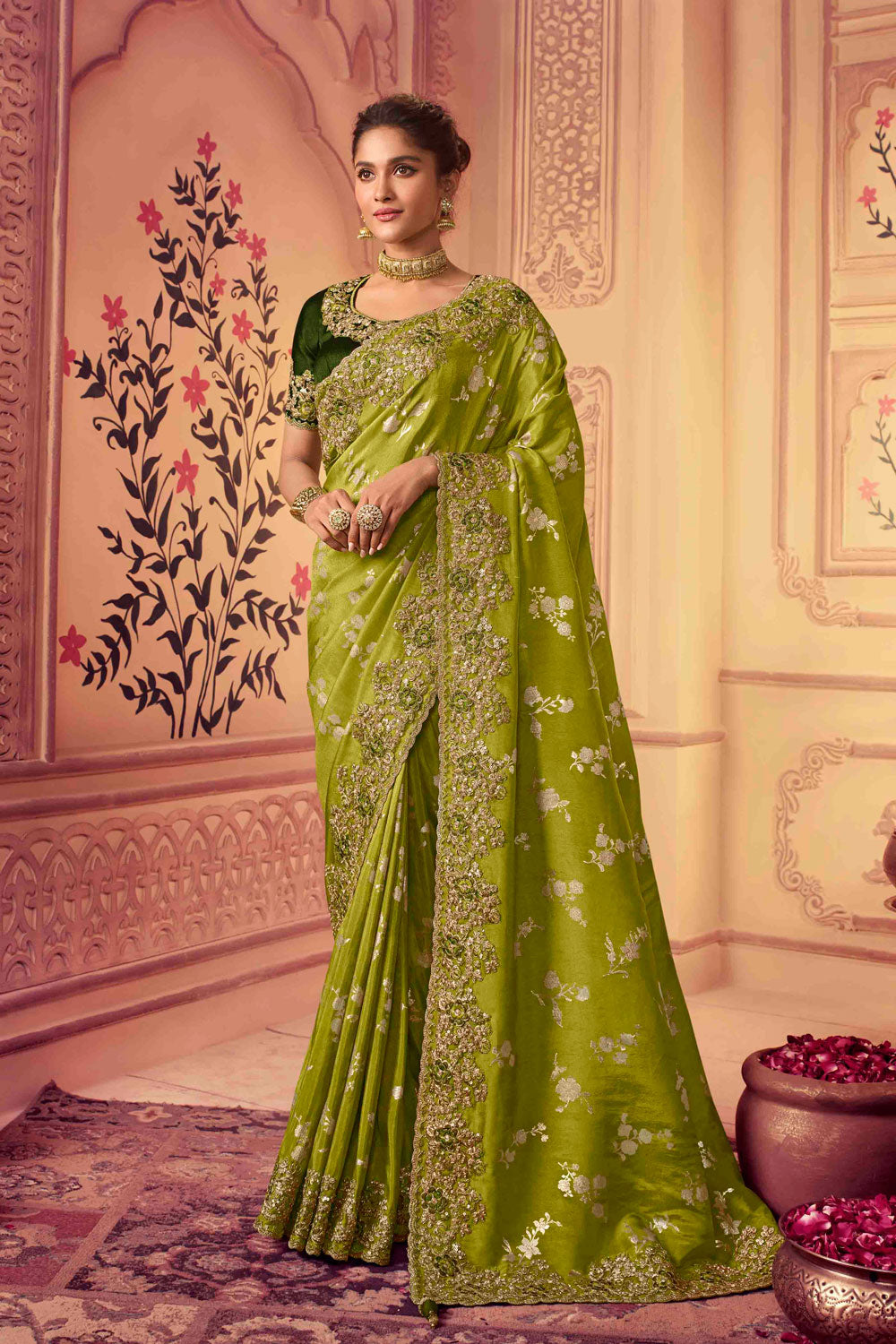 Green Elegant Indian Designer Saree in Viscose with Resham and Zari Work