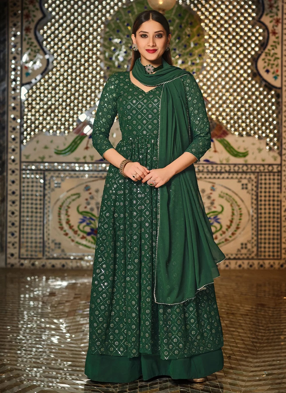 Green Embroidered Trendy Skirt Style Suit