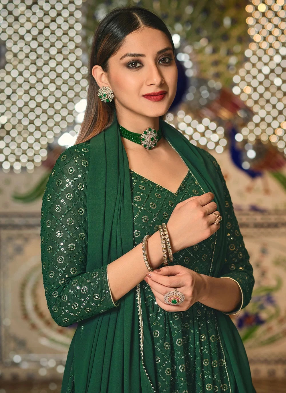 Green Embroidered Trendy Skirt Style Suit