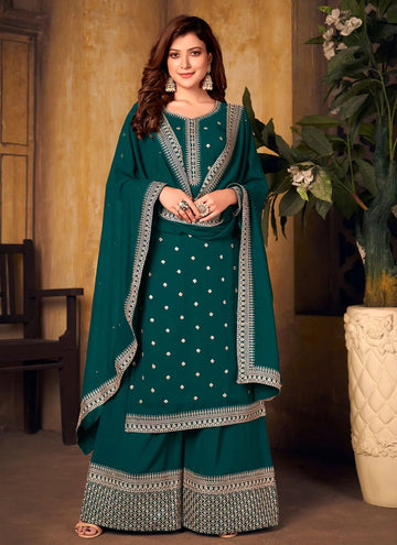 Green Faux Georgette Designer Palazzo Suit