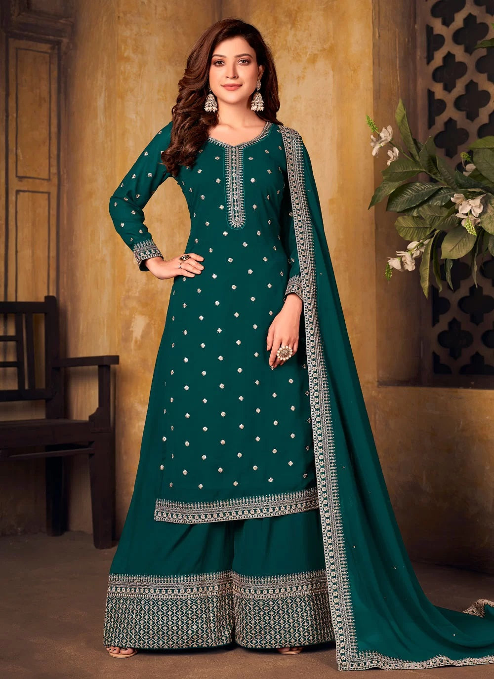 Green Faux Georgette Designer Palazzo Suit