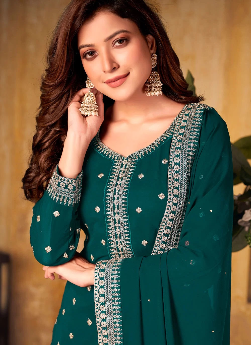 Green Faux Georgette Designer Palazzo Suit