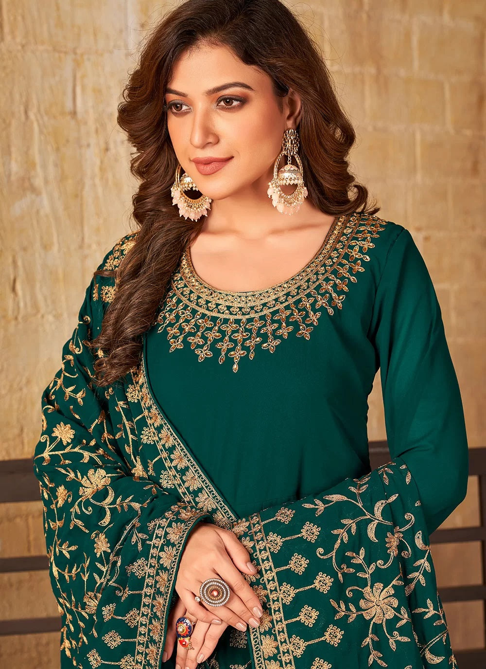 Green Faux Georgette Embroidered Anarkali Suit