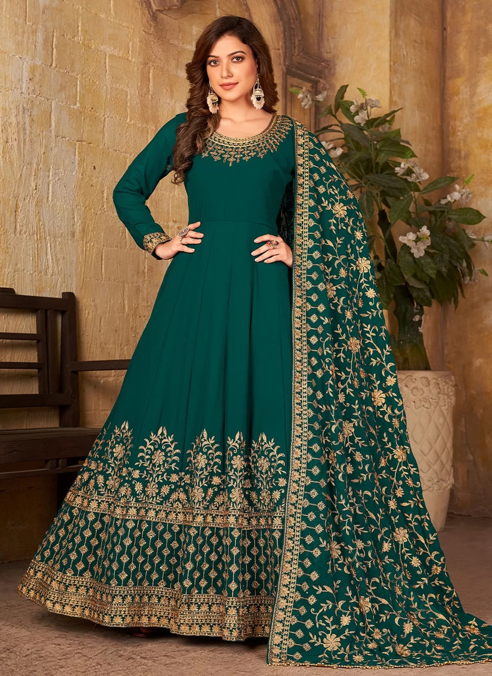 Green Faux Georgette Embroidered Anarkali Suit