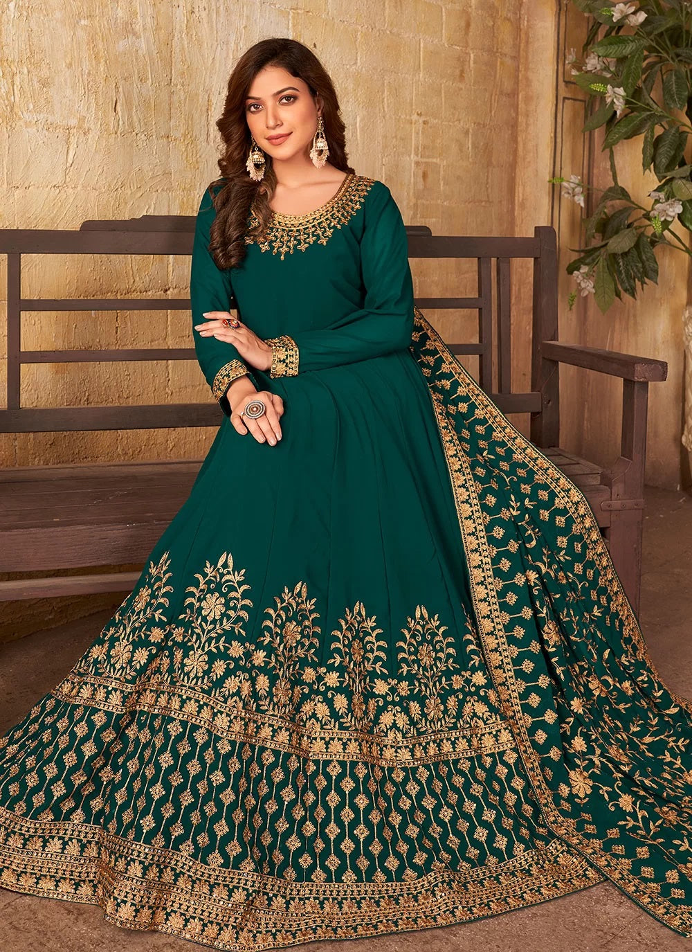 Green Faux Georgette Embroidered Anarkali Suit