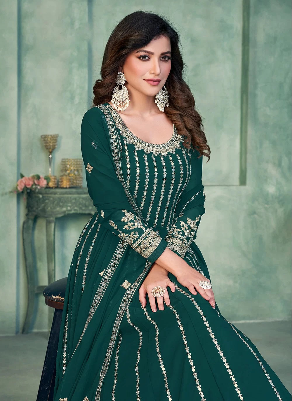 Green Embroidered Anarkali suit