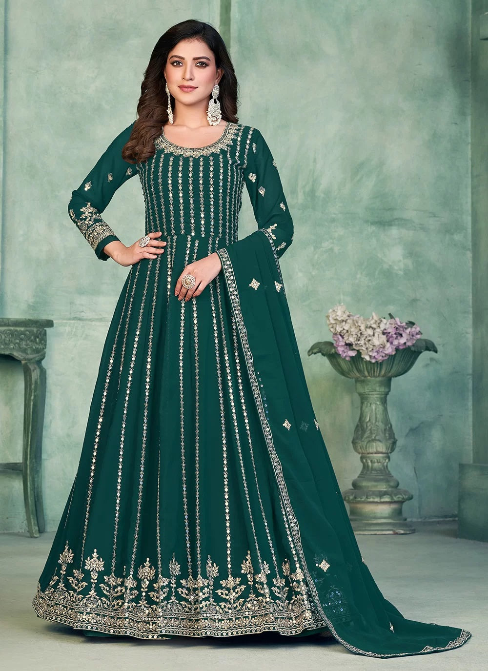 Green Embroidered Anarkali suit