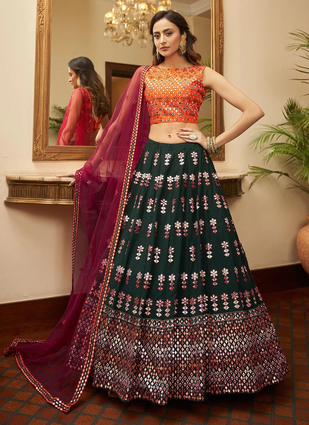 Green Faux Georgette Resham Work Lehenga Choli