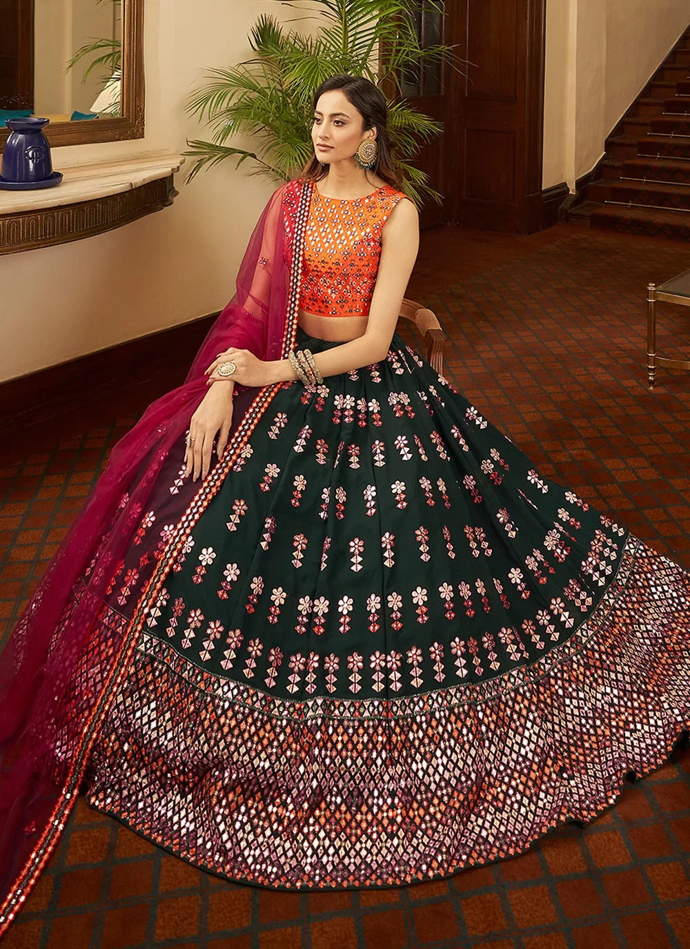 Green Faux Georgette Resham Work Lehenga Choli