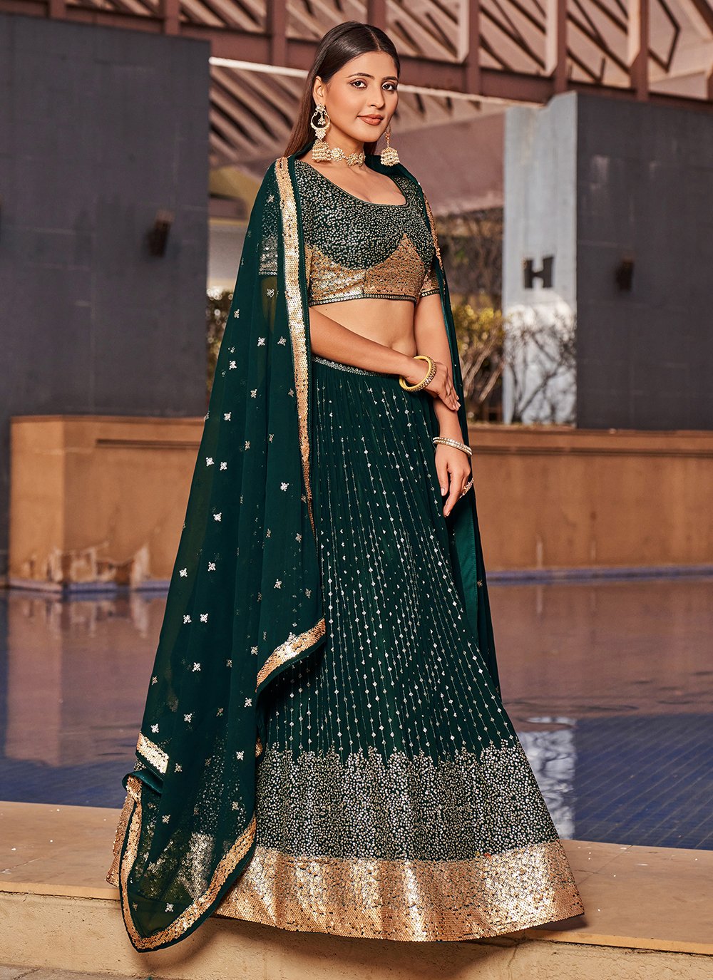 Green Georgette Sequins and Digital Printed Indian Partylook Lehenga