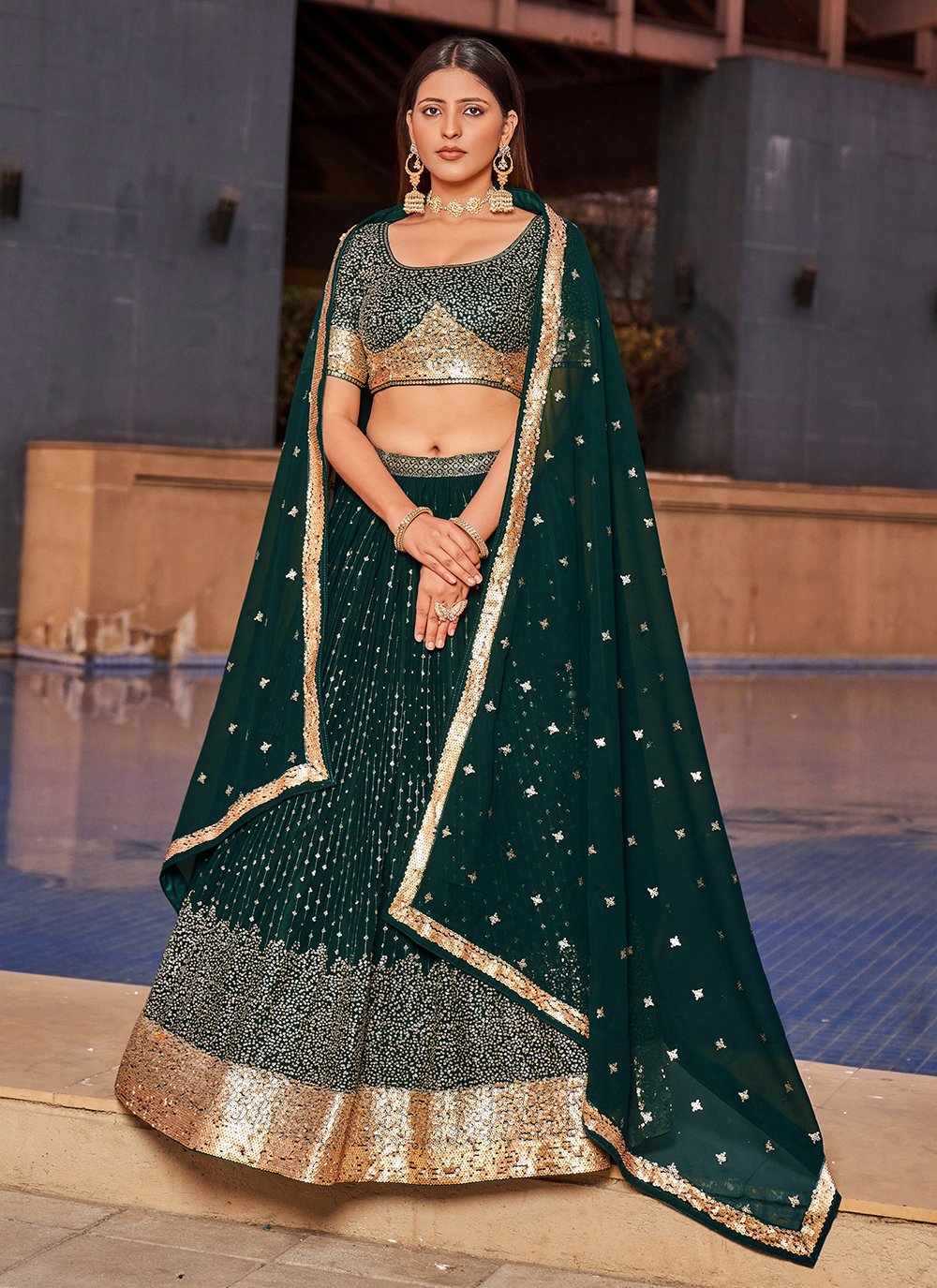 Green Georgette Sequins and Digital Printed Indian Partylook Lehenga