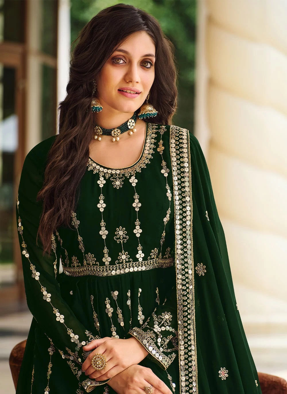 Green Georgette Sequins Slit Style Salwar Suit