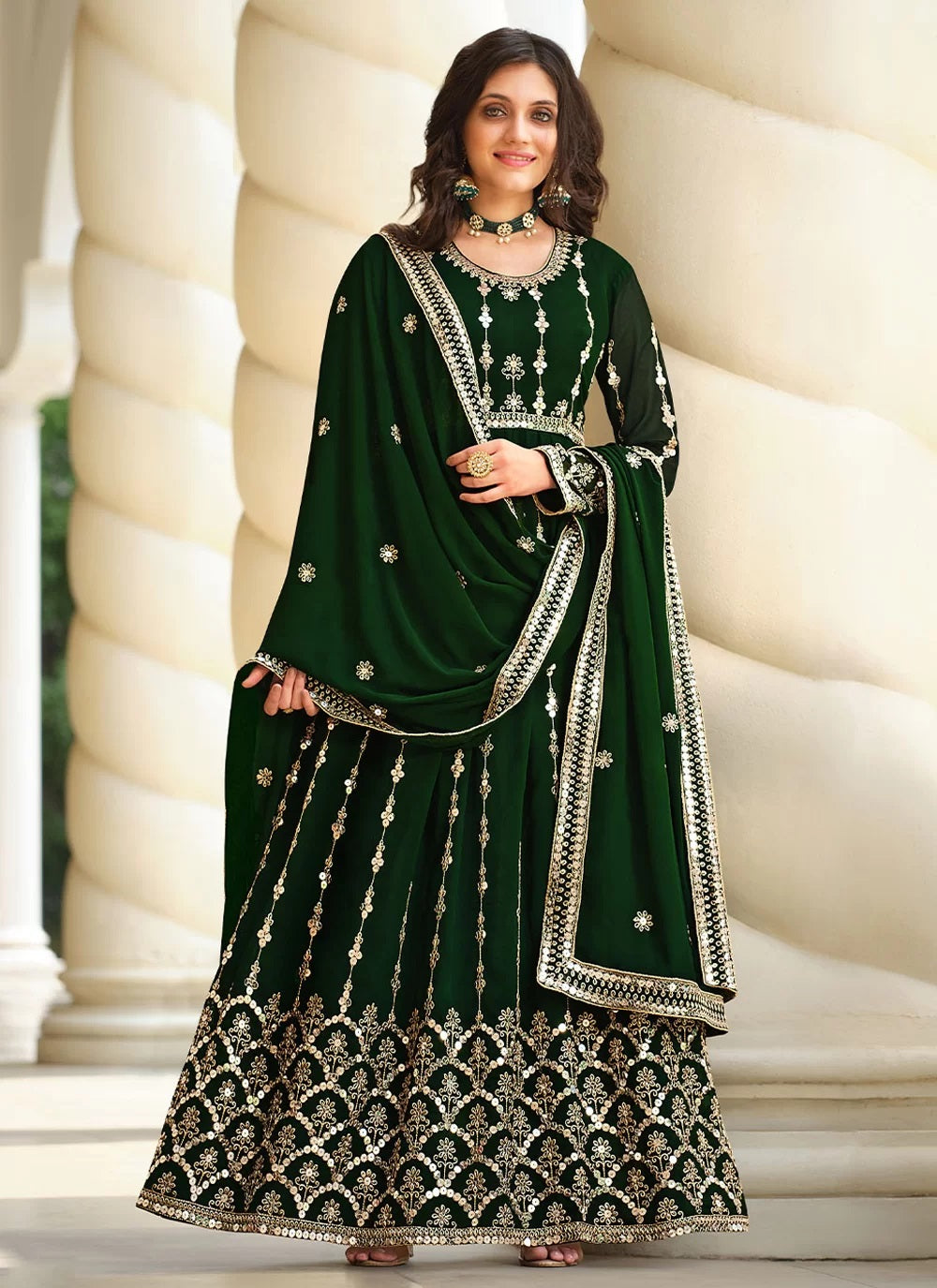 Green Georgette Sequins Slit Style Salwar Suit