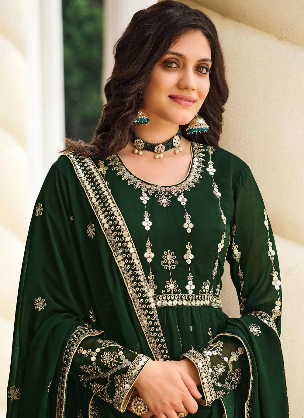 Green Georgette Sequins Slit Style Salwar Suit