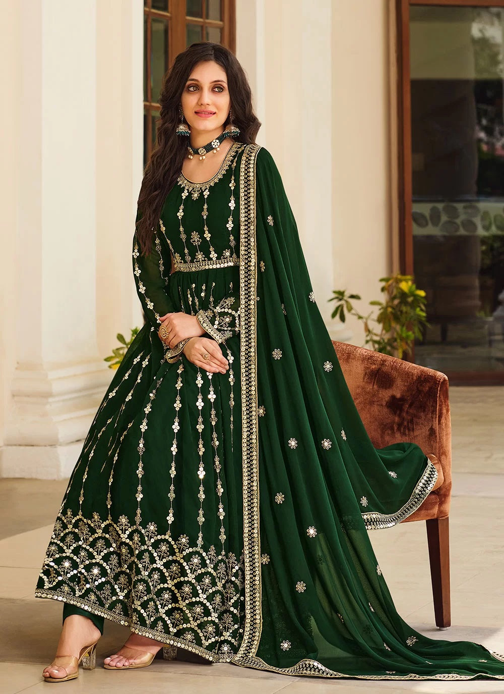 Green Georgette Sequins Slit Style Salwar Suit