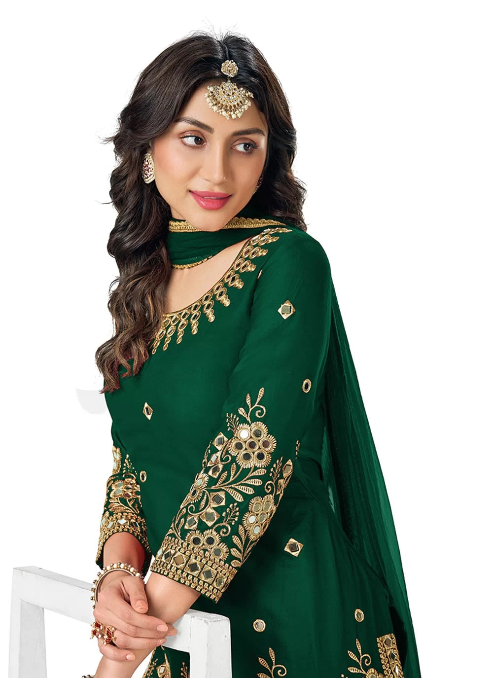 Green Mirror Silk Ceremonial Patiyala Salwar Suit