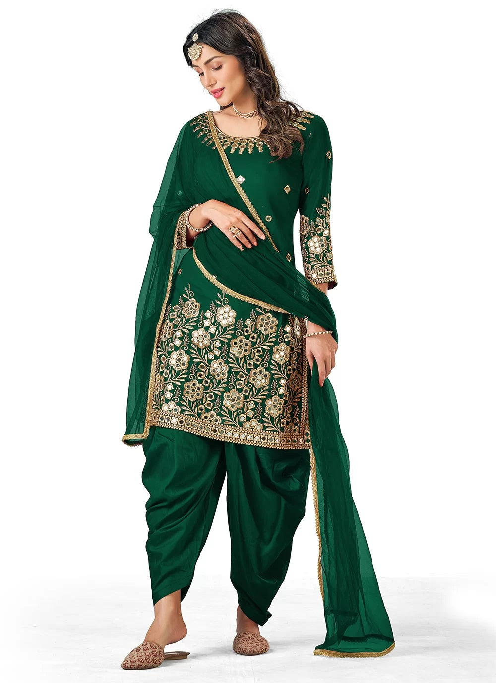 Green Mirror Silk Ceremonial Patiyala Salwar Suit