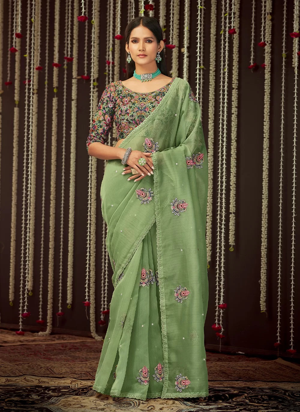 Green Organza Thread Party Wear Saree