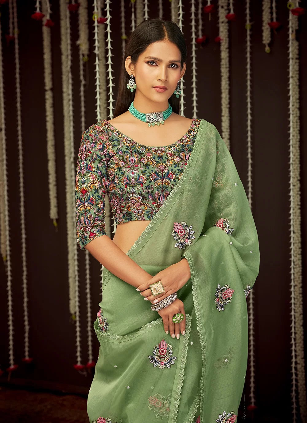 Green Organza Thread Party Wear Saree