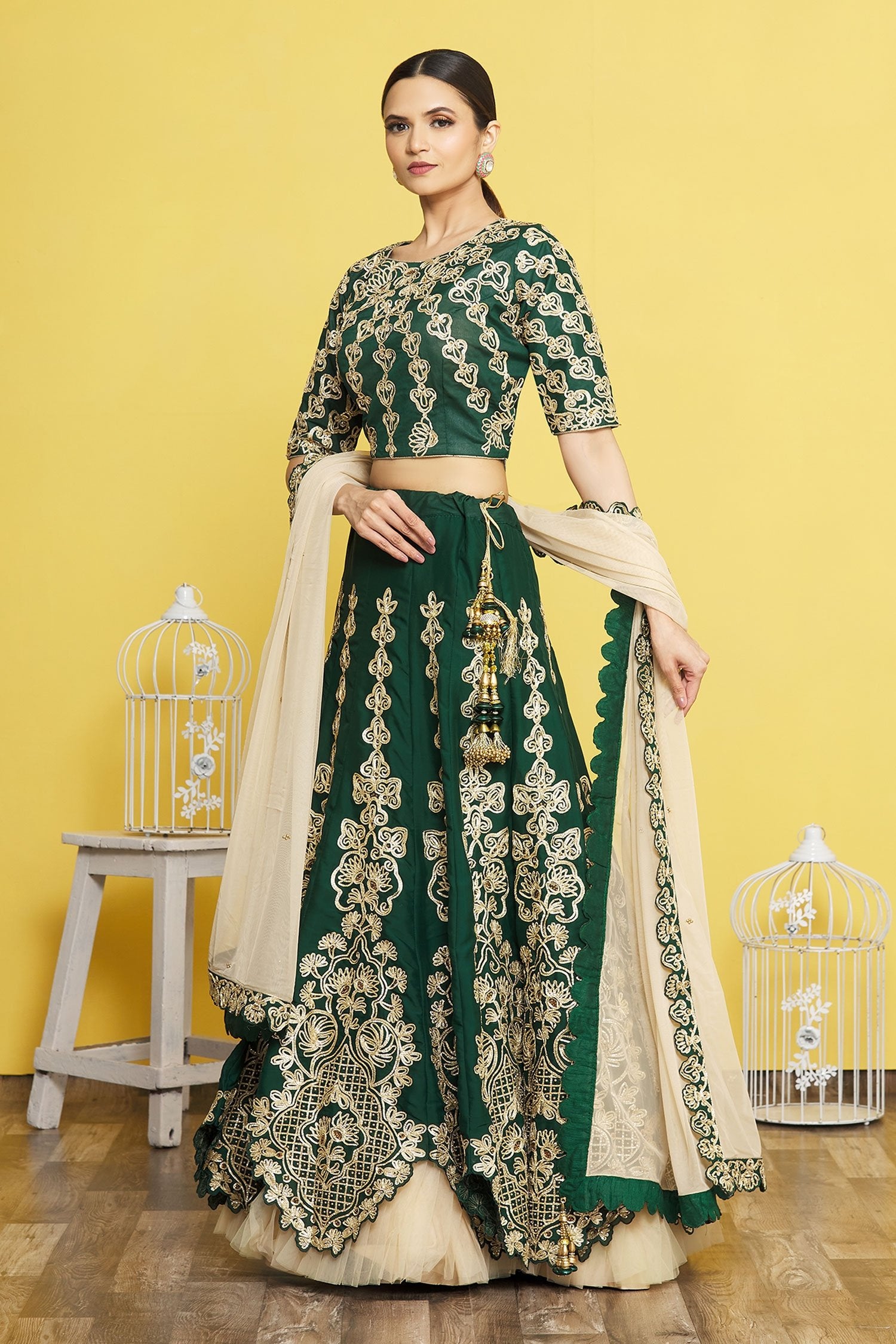 Green Satin Silk Lace Embroidery Lehenga Choli